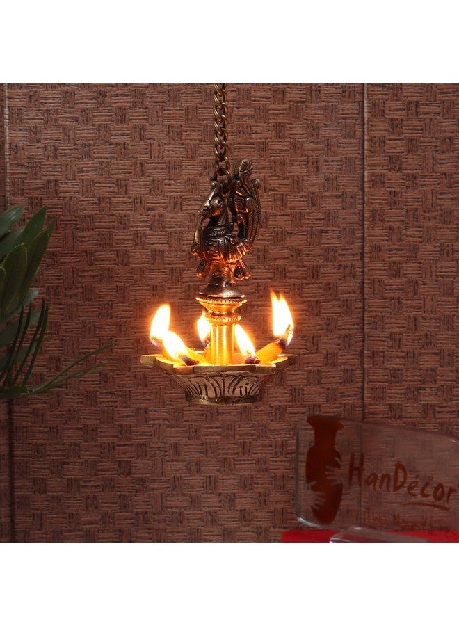 Two Moustaches Handmade Ethnic Peacock Design 5 Oil Wick Brass Hanging Diya, Brass Diyas for Decoration, Standard, Pack of 1 - Image 5