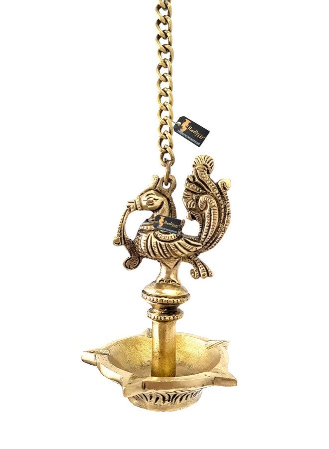 Two Moustaches Handmade Ethnic Peacock Design 5 Oil Wick Brass Hanging Diya, Brass Diyas for Decoration, Standard, Pack of 1 - Image 1