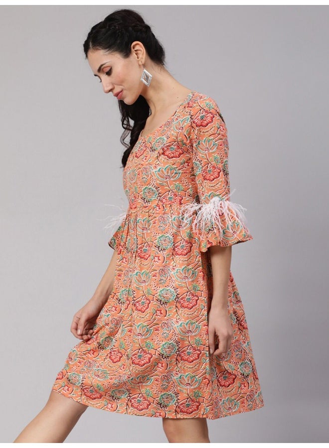 AKS Peach Floral Print Short Dress  - Image 5