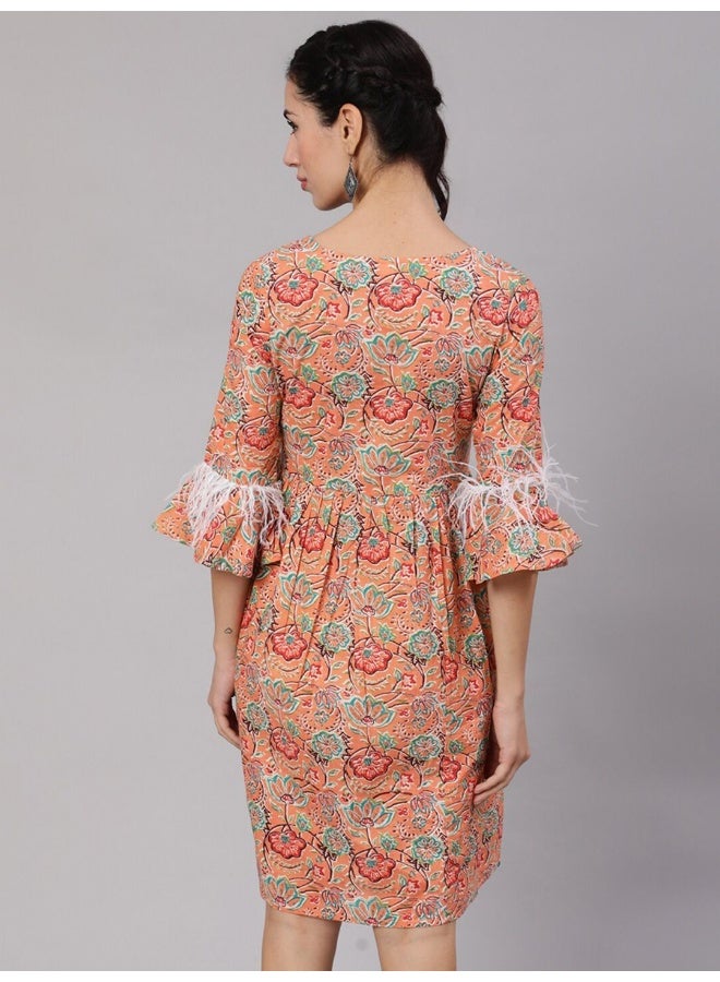 AKS Peach Floral Print Short Dress  - Image 4