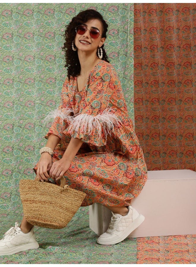 AKS Peach Floral Print Short Dress  - Image 1