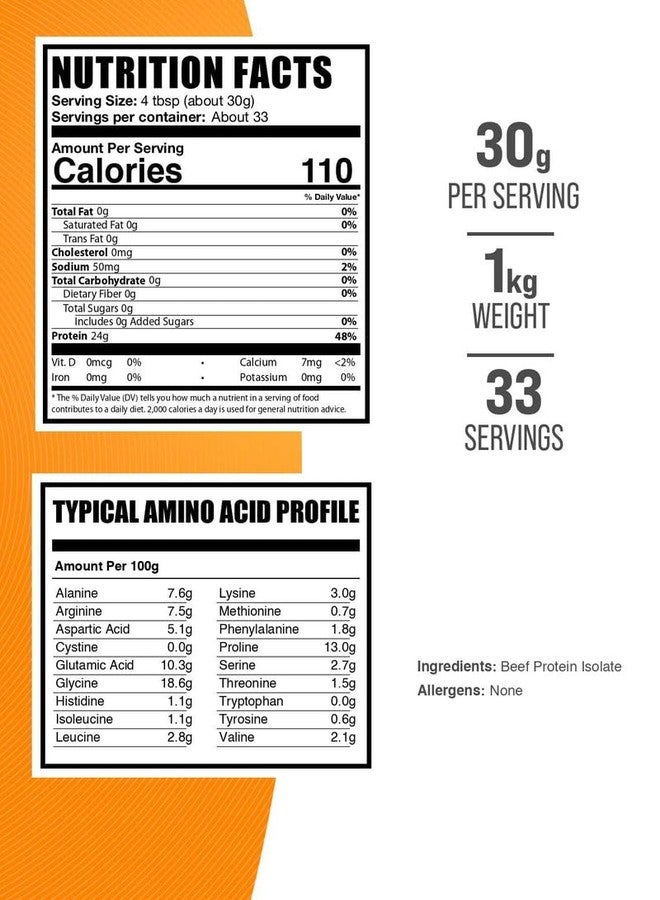 BulkSupplements.com Beef Protein Isolate Powder - Lactose Free Protein Powder, Beef Protein Powder - Unflavored & Gluten Free, 30g per Serving, 1kg (2.2 lbs) (Pack of 1) - Image 2