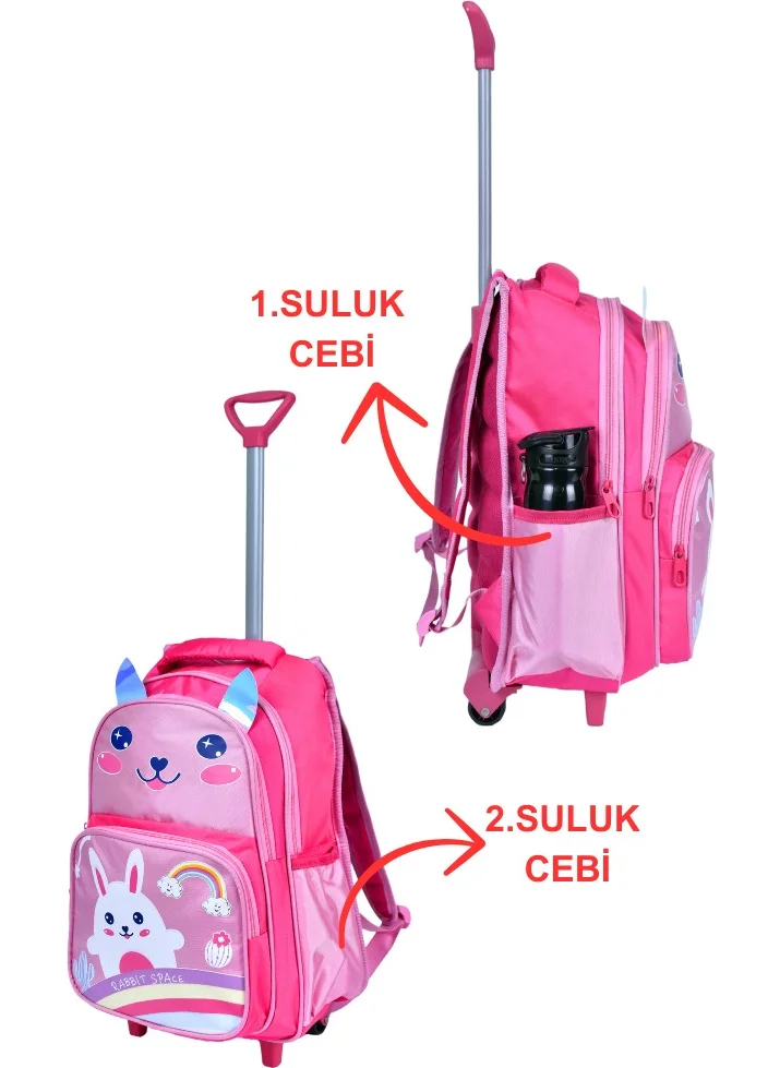 Çantaland Pink Rabbit Printed, Orthopedic Back Featured, Primary School Bag + Lunch Box