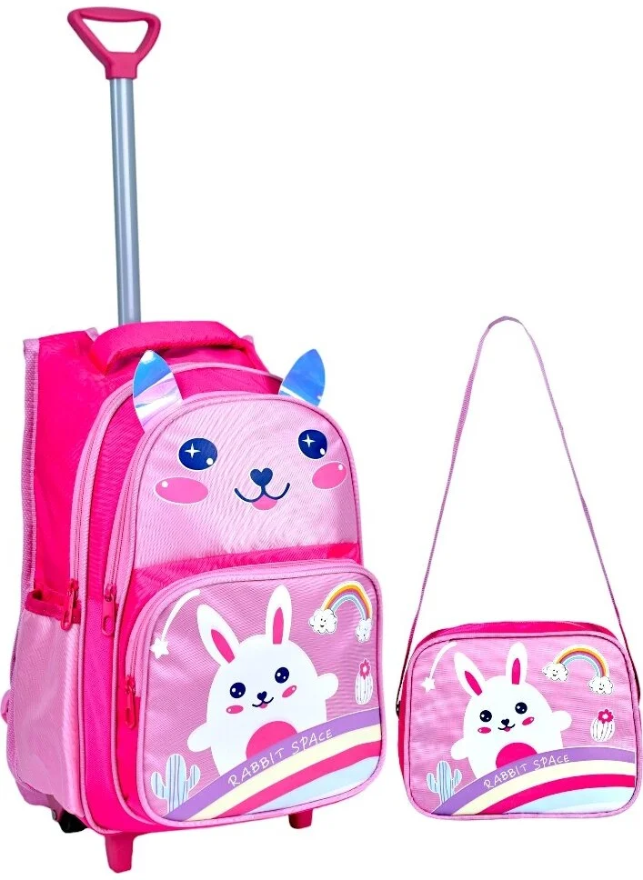 Çantaland Pink Rabbit Printed, Orthopedic Back Featured, Primary School Bag + Lunch Box