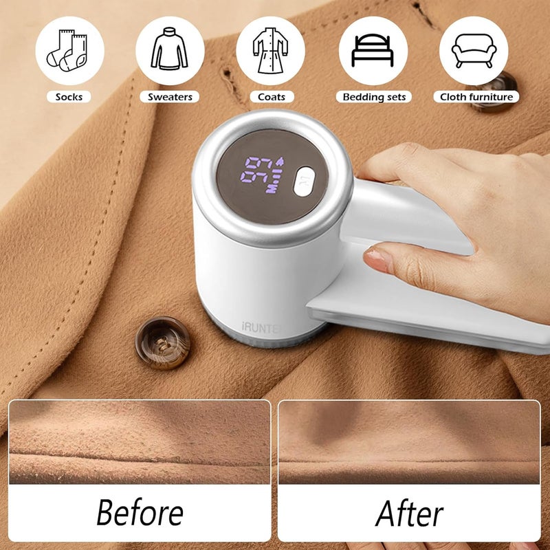iRUNTEK مزيل الوبر القابل لإعادة الشحن، مزيل الوبر الكهربائي التجاري مع شاشة LED وصندوق قمامة كبير، 3 سرعات لإزالة الوبر والكرات من الملابس والأثاث والسترات والأرائك والبطانيات، فضي - Image 2