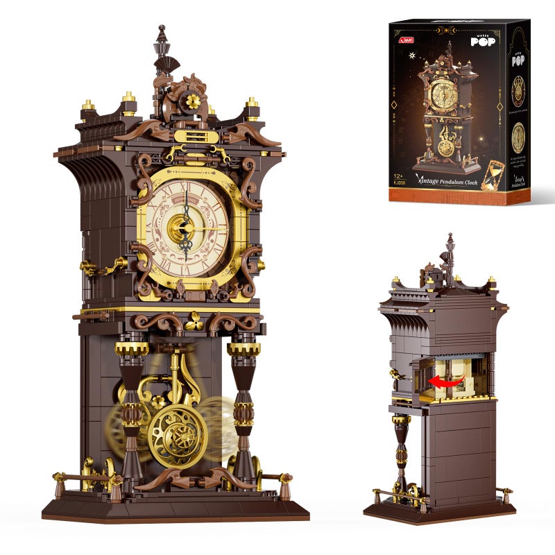 JAKI Vintage Swing Clock Building Blocks Set Real Working Mechanical Clock with Moving Pendulum & Rotating Dial, Retro Steampunk Home Decor Gift for Adults & Teens, Gifts for Birthdays and Christmas - Image 1