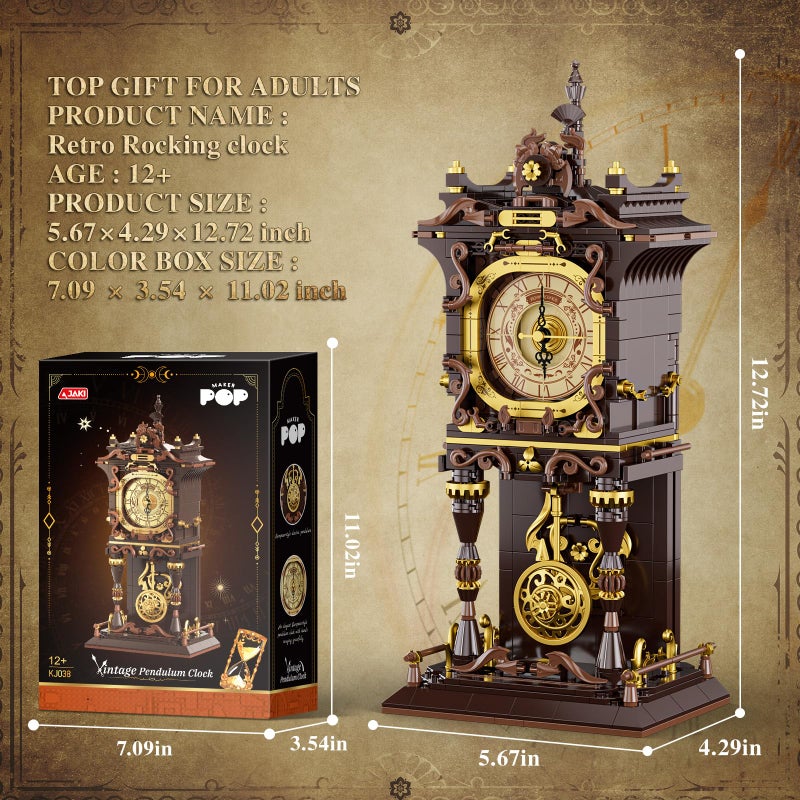 JAKI Vintage Swing Clock Building Blocks Set Real Working Mechanical Clock with Moving Pendulum & Rotating Dial, Retro Steampunk Home Decor Gift for Adults & Teens, Gifts for Birthdays and Christmas - Image 4