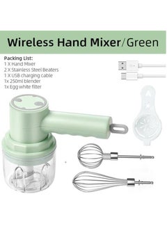 Hand Mixer Electric Garlic Chopper Egg Beater, Cordless Handheld Food Processor with 250ML Glass Container, 3 Speed Adjustable, USB Rechargeable Electric Whisk for Cooking Baking