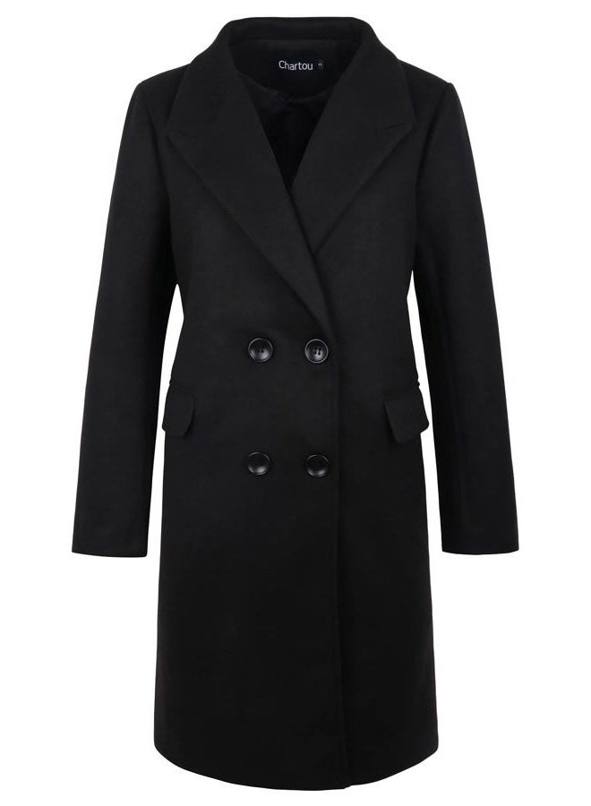 CHARTOU Women's Winter Oversize Lapel Collar Woolen Plaid Double Breasted Long Peacoat Jacket, S-black, M - Image 5
