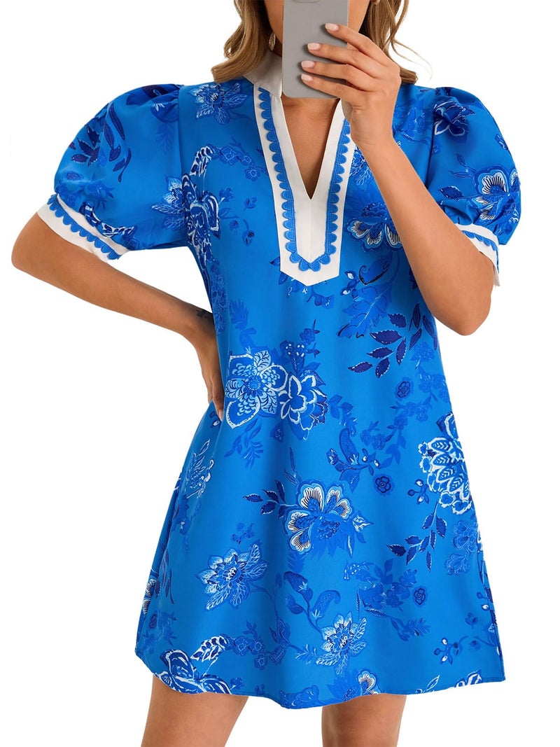 Wenrine Womens Summer Mini Dress Casual Floral Puff Sleeve V Neck Color Block Loose Boho Beach Dresses with Pockets Blue - Image 1