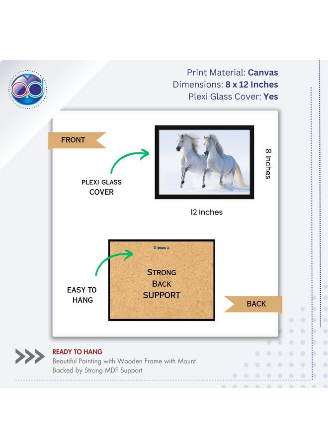 Mad Masters 2 White Horses Painting Hanging Photo Frame Decorative Item for Living Room, Bedroom, Home Decor and Wall Decoration (MM 1399, 8x12 Inch, Canvas, With Plexi Glass) - Image 2