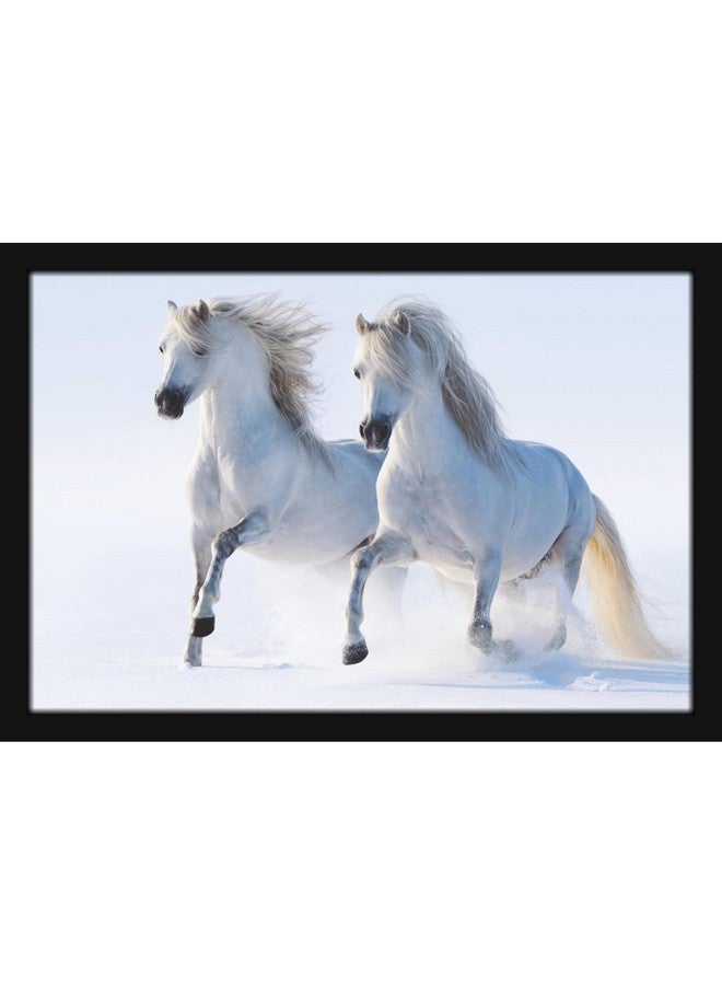 Mad Masters 2 White Horses Painting Hanging Photo Frame Decorative Item for Living Room, Bedroom, Home Decor and Wall Decoration (MM 1399, 8x12 Inch, Canvas, With Plexi Glass) - Image 1