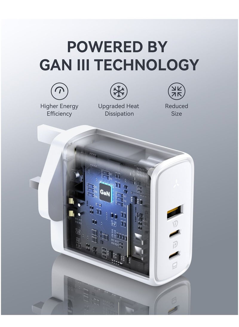 100W GaN III USB-C Charger | 3-Port Fast Wall Adapter with PD.3 & QC.3 | Compact Design for MacBook Pro/Air, iPad Pro/Mini, iPhone 16 Pro Max/16 Pro/16 Plus/15 Series/14/13/12/11, Air Pods, Google PixelBook, ThinkPad, Galaxy S24/S23/S22 & More (White)