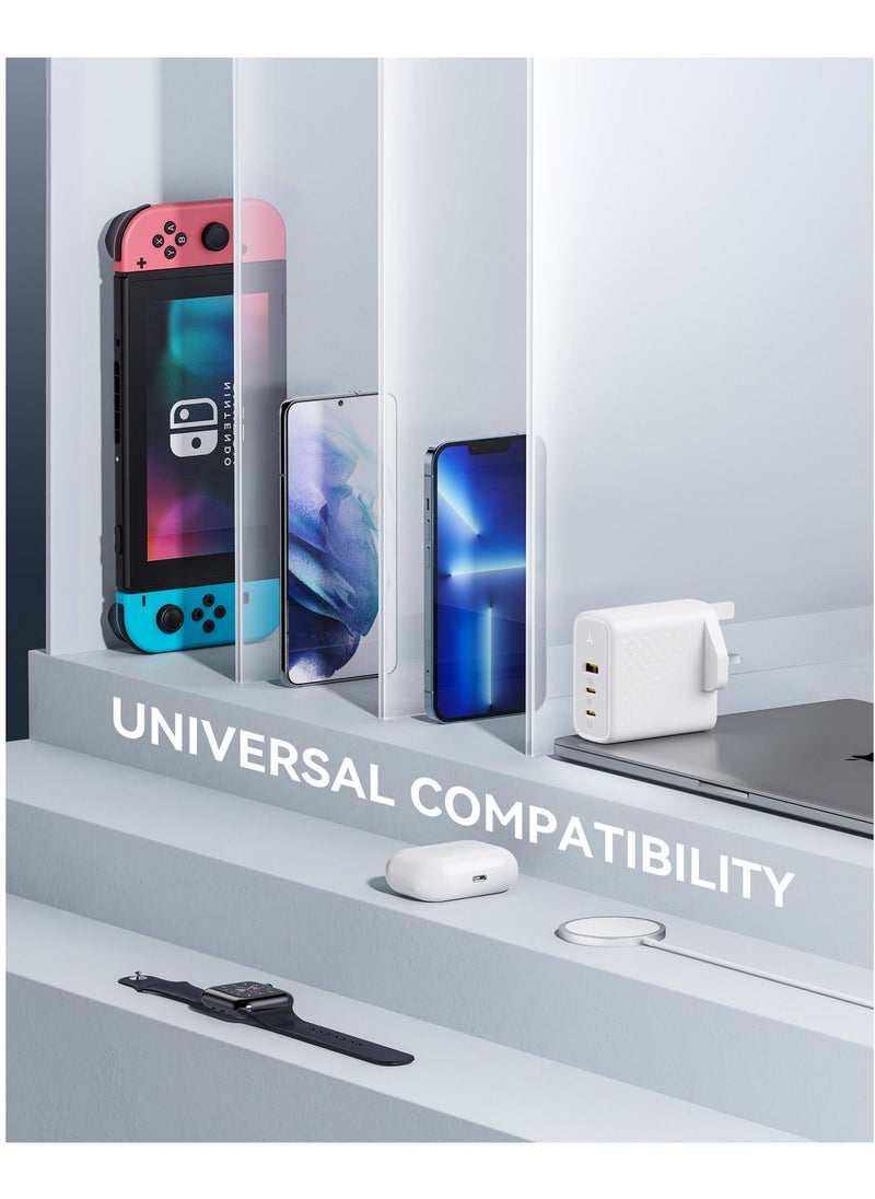 100W GaN III USB-C Charger | 3-Port Fast Wall Adapter with PD.3 & QC.3 | Compact Design for MacBook Pro/Air, iPad Pro/Mini, iPhone 16 Pro Max/16 Pro/16 Plus/15 Series/14/13/12/11, Air Pods, Google PixelBook, ThinkPad, Galaxy S24/S23/S22 & More (White)