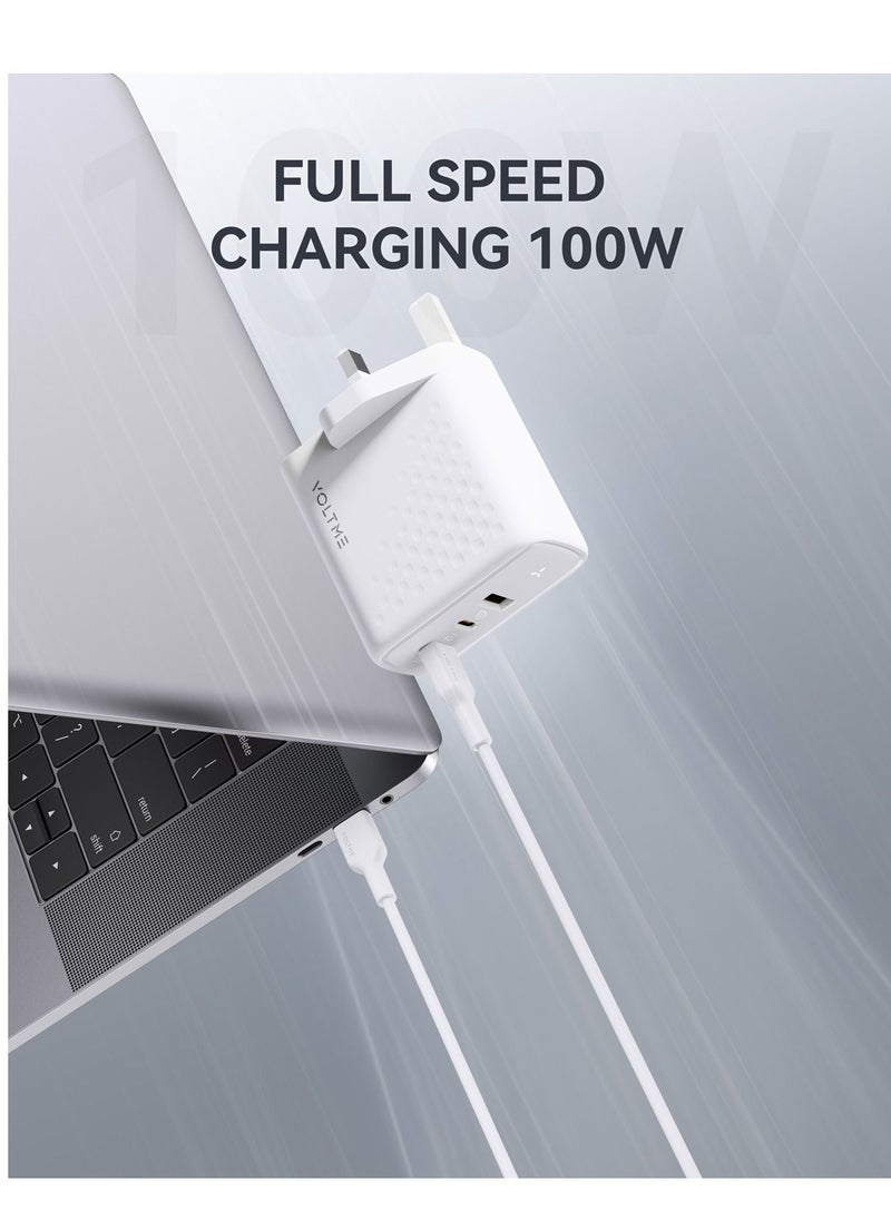 100W GaN III USB-C Charger | 3-Port Fast Wall Adapter with PD.3 & QC.3 | Compact Design for MacBook Pro/Air, iPad Pro/Mini, iPhone 16 Pro Max/16 Pro/16 Plus/15 Series/14/13/12/11, Air Pods, Google PixelBook, ThinkPad, Galaxy S24/S23/S22 & More (White)