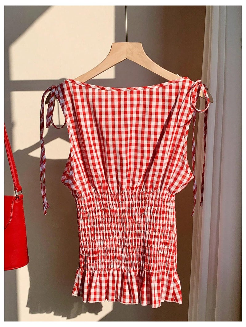 SweatyRocks Women's Gingham Plaid Ruffle Tie Knot Smocked Sleeveless Y2K Summer Tank Tops Red Medium - Image 3
