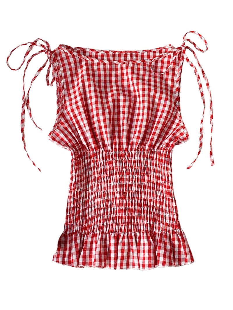 SweatyRocks Women's Gingham Plaid Ruffle Tie Knot Smocked Sleeveless Y2K Summer Tank Tops Red Medium - Image 1