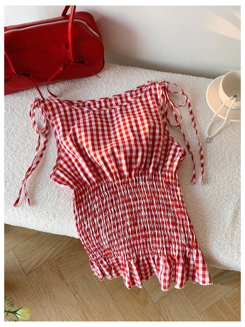 SweatyRocks Women's Gingham Plaid Ruffle Tie Knot Smocked Sleeveless Y2K Summer Tank Tops Red Medium - Image 5