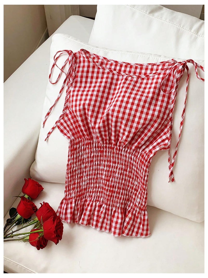 SweatyRocks Women's Gingham Plaid Ruffle Tie Knot Smocked Sleeveless Y2K Summer Tank Tops Red Medium - Image 4