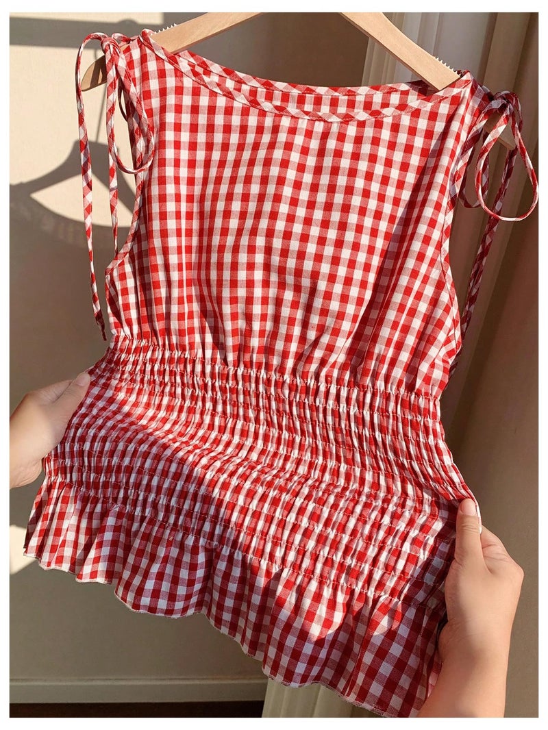 SweatyRocks Women's Gingham Plaid Ruffle Tie Knot Smocked Sleeveless Y2K Summer Tank Tops Red Medium - Image 2