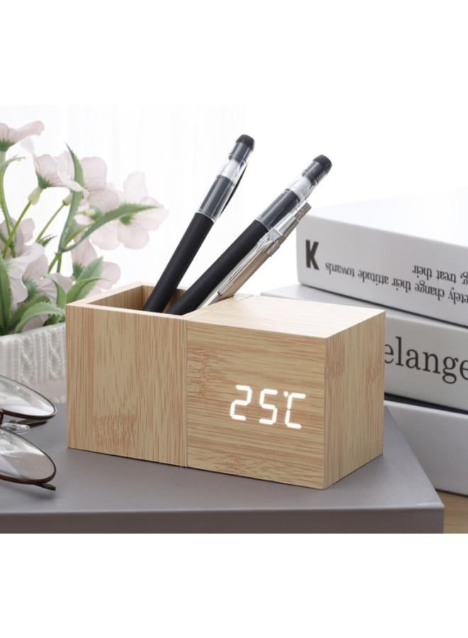 Multifunctional Wooden Clock with Pen Holder Smart Alarm Clock for Home and Office  - Image 1