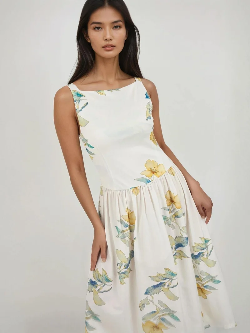 زوبعة فستان ميدي مطبوع بياقة قارب