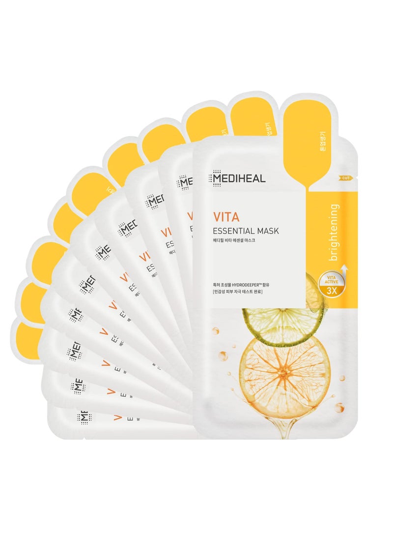 MEDIHEAL MEDIHEAL Best Korean Sheet Mask - Vita Essential Face Mask 10 Sheets Vitamin Mask For All skin types Smoothing Tightening Toning up Brightening 