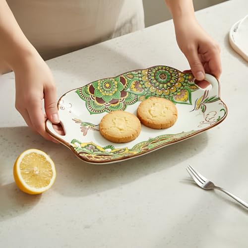 Lemon Tree Ceramic Matt Finish Rectangular Platter with Double Handle, Medium Size, Microwave & Dishwasher Safe for Snacks Desserts Savouries Veggies Chips Cookies Fruits, Salad Pasta Serving (Green) - Image 5
