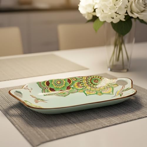 Lemon Tree Ceramic Matt Finish Rectangular Platter with Double Handle, Medium Size, Microwave & Dishwasher Safe for Snacks Desserts Savouries Veggies Chips Cookies Fruits, Salad Pasta Serving (Green) - Image 4