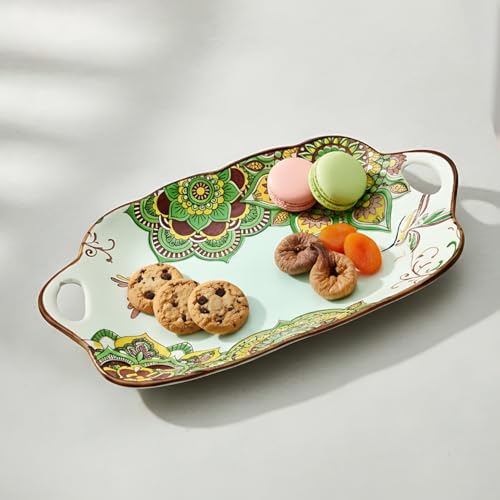 Lemon Tree Ceramic Matt Finish Rectangular Platter with Double Handle, Medium Size, Microwave & Dishwasher Safe for Snacks Desserts Savouries Veggies Chips Cookies Fruits, Salad Pasta Serving (Green) - Image 3