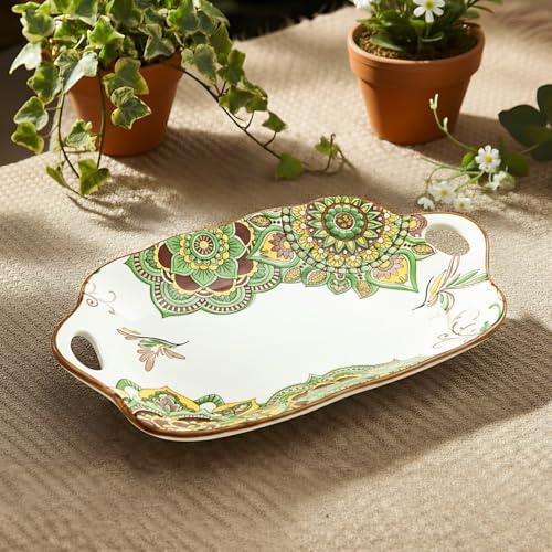 Lemon Tree Ceramic Matt Finish Rectangular Platter with Double Handle, Medium Size, Microwave & Dishwasher Safe for Snacks Desserts Savouries Veggies Chips Cookies Fruits, Salad Pasta Serving (Green) - Image 1
