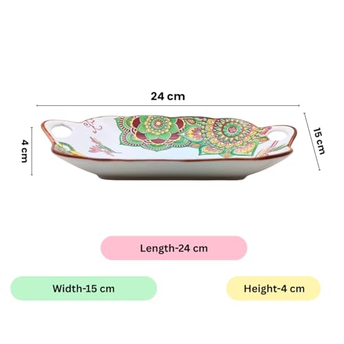 Lemon Tree Ceramic Matt Finish Rectangular Platter with Double Handle, Medium Size, Microwave & Dishwasher Safe for Snacks Desserts Savouries Veggies Chips Cookies Fruits, Salad Pasta Serving (Green) - Image 2