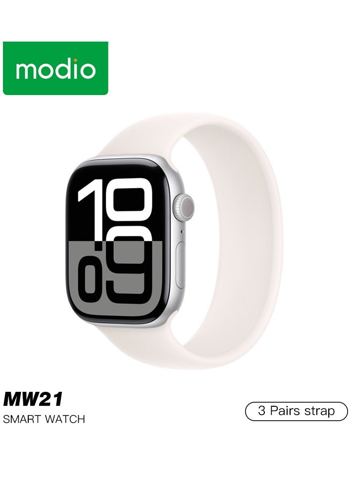 موديو ساعة موديو الذكية MW21 Series 10 بشاشة لمس كاملة مقاس 2.2 بوصة مع 3 أحزمة قابلة للتبديل وكابل شحن مصممة للسيدات والرجال باللون الفضي - Image 1