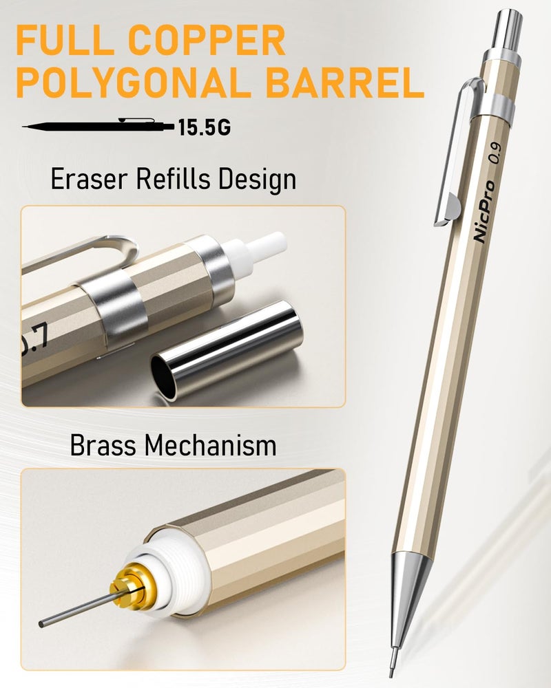 Nicpro مجموعة أقلام رصاص ميكانيكية معدنية من نيكبرو 6 قطع، قلم رسم نحاسي كامل 0.3، 0.5، 0.7، 0.9 مم و 2 قطعة حامل رصاص 2 مم (4B 2B HB 2H) للرسم الفني مع إعادة تعبئة الرصاص وحافظة ممحاة - Image 3