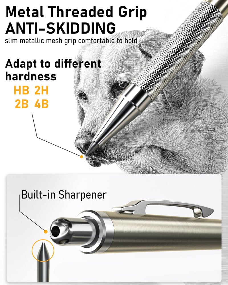 Nicpro مجموعة أقلام رصاص ميكانيكية معدنية من نيكبرو 6 قطع، قلم رسم نحاسي كامل 0.3، 0.5، 0.7، 0.9 مم و 2 قطعة حامل رصاص 2 مم (4B 2B HB 2H) للرسم الفني مع إعادة تعبئة الرصاص وحافظة ممحاة - Image 4
