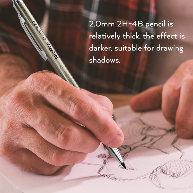 Nicpro مجموعة أقلام رصاص ميكانيكية معدنية من نيكبرو 6 قطع، قلم رسم نحاسي كامل 0.3، 0.5، 0.7، 0.9 مم و 2 قطعة حامل رصاص 2 مم (4B 2B HB 2H) للرسم الفني مع إعادة تعبئة الرصاص وحافظة ممحاة - Image 5