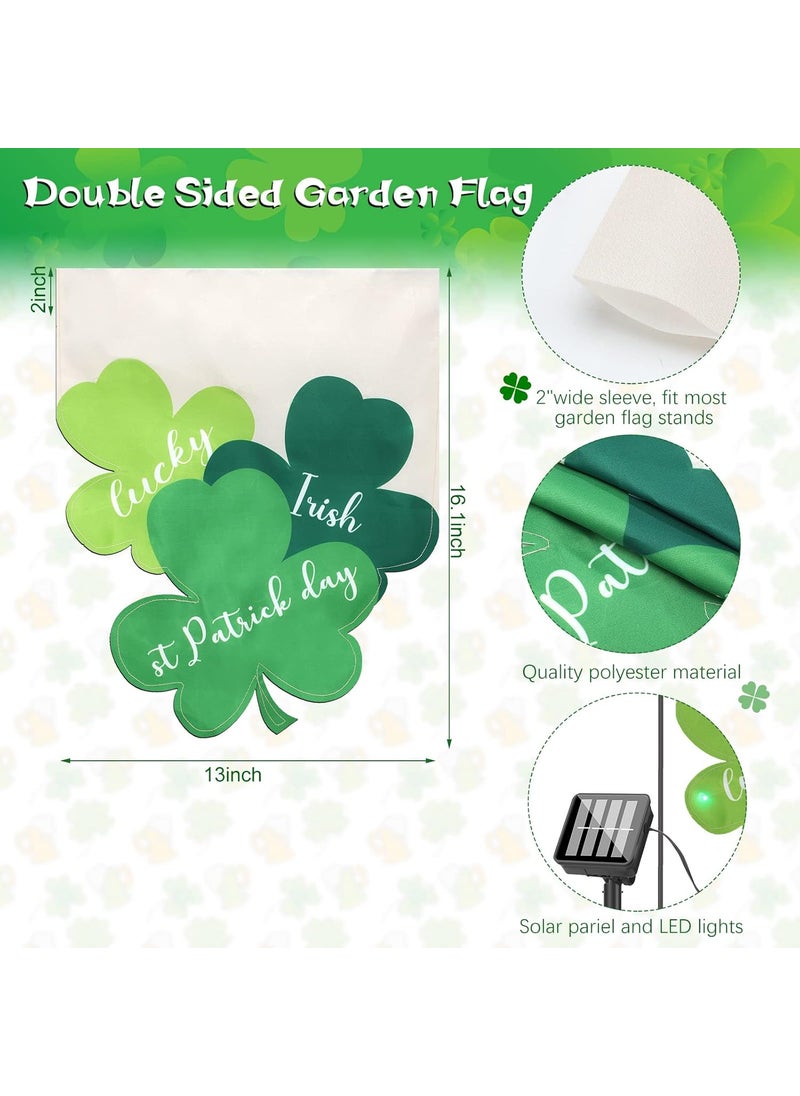 Moukeren 22 LED Solar St Patricks Day Garden Flag 8 Lighting Modes 13 x 161 Inch Double Sided Vertical Shamrock Garden Flag for St Patricks Day Garden Outdoor Yard Light Decoration  - Image 2