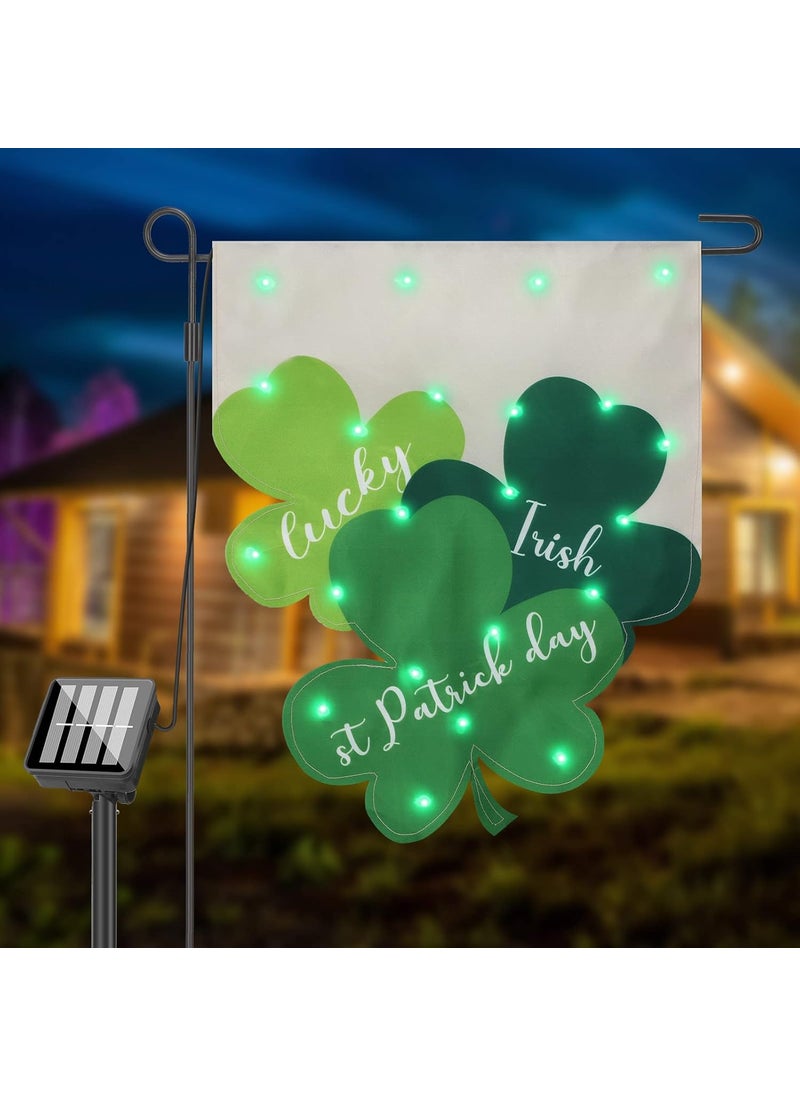 Moukeren 22 LED Solar St Patricks Day Garden Flag 8 Lighting Modes 13 x 161 Inch Double Sided Vertical Shamrock Garden Flag for St Patricks Day Garden Outdoor Yard Light Decoration  - Image 1