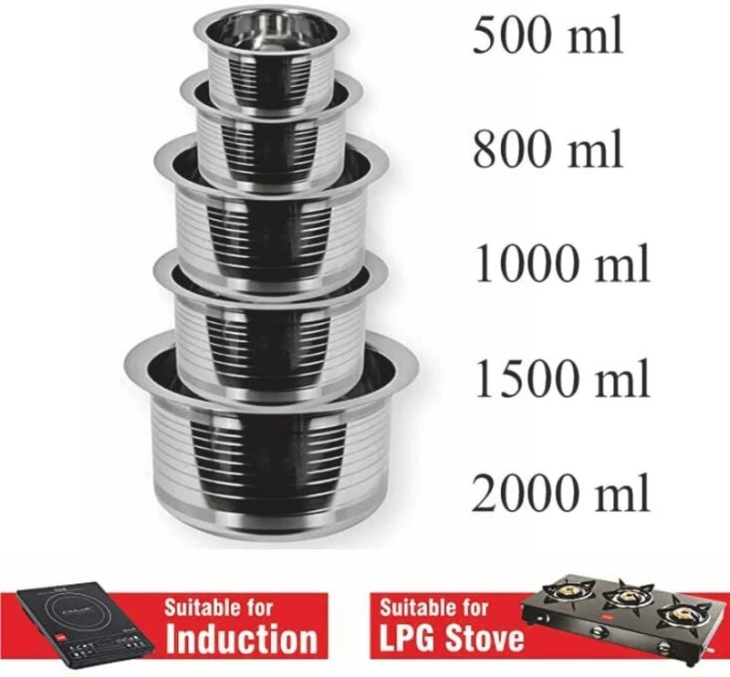 Stainless Steel tope Set Without lid Container Set/Tope Set/tapeli/patila/Milk Pot pan/Handi Set Cookware Set (5 Pieces, Capacity : 0.5 LTR, 0.8 LTR, 1 LTR, 1.5 LTR, 2 LTR)  - Image 2