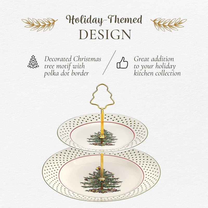 Spode Christmas Tree 2-Tiered Server (8" & 10") - Polka Dot Tiered Tray for Serving Food, Cake, Desserts, Holiday Treats, Festive Tableware with Gold Handle, Durable Stoneware - Dishwasher Safe - Image 3