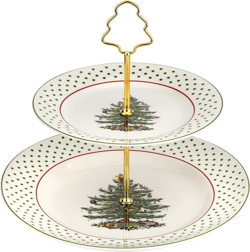 Spode Christmas Tree 2-Tiered Server (8" & 10") - Polka Dot Tiered Tray for Serving Food, Cake, Desserts, Holiday Treats, Festive Tableware with Gold Handle, Durable Stoneware - Dishwasher Safe - Image 1