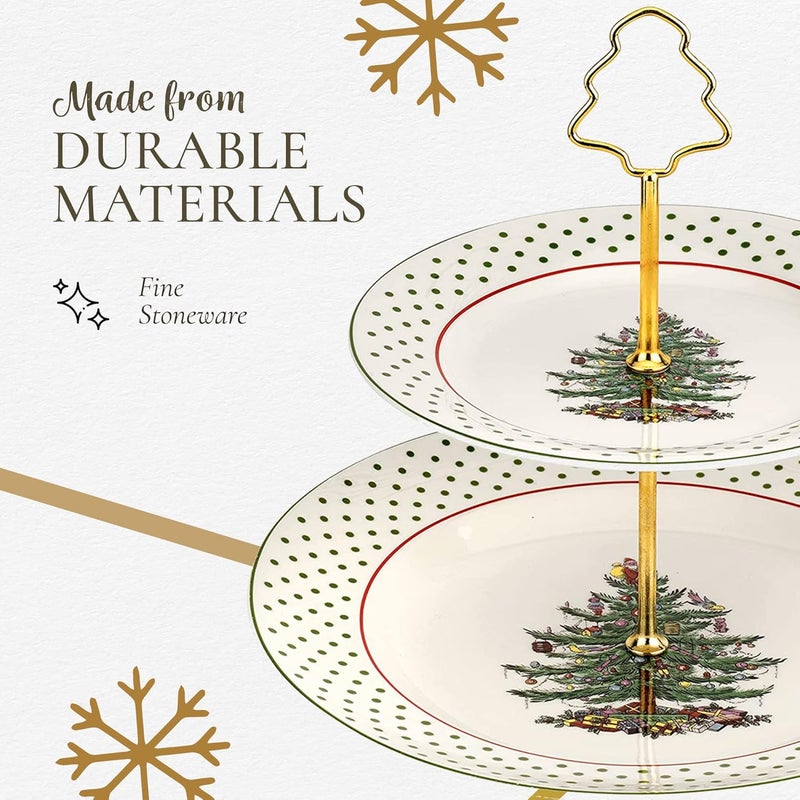 Spode Christmas Tree 2-Tiered Server (8" & 10") - Polka Dot Tiered Tray for Serving Food, Cake, Desserts, Holiday Treats, Festive Tableware with Gold Handle, Durable Stoneware - Dishwasher Safe - Image 4