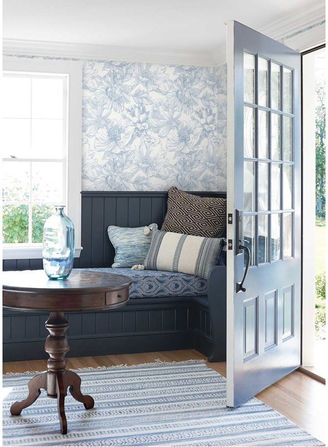 Dimoon 78.7"x17.3"Peel and Stick Blue Vintage Floral Line Wallpaper for Living Room - Image 2