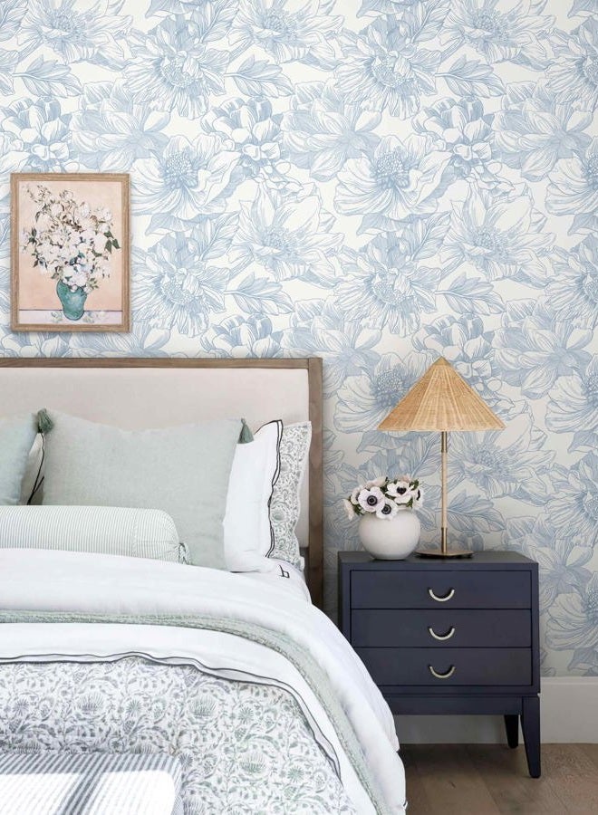 Dimoon 78.7"x17.3"Peel and Stick Blue Vintage Floral Line Wallpaper for Living Room - Image 4