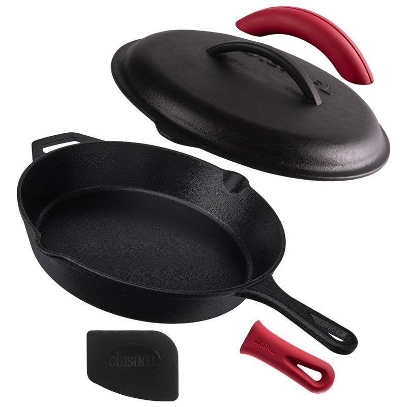 Cuisinel Cast Iron Skillet with Lid  12inch PreSeasoned Covered Frying Pan Set  Silicone Handle  Lid Holders  ScraperCleaner  IndoorOutdoor Oven Stovetop Camping Fire Grill Safe Cookware