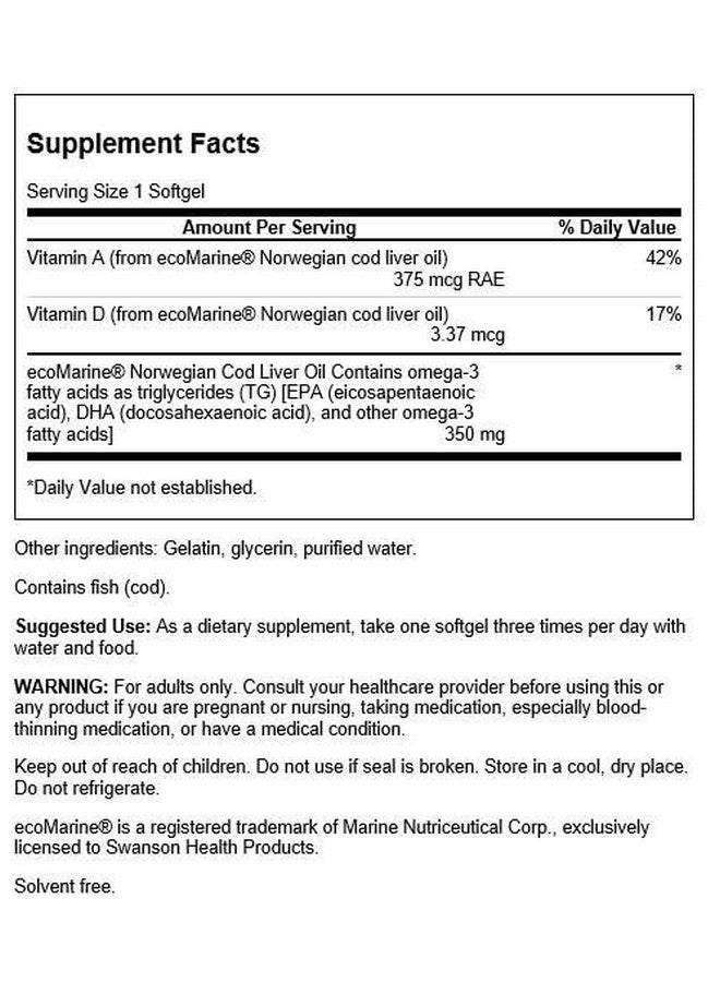 Swanson Cod Liver Oil - Wellness Supplement Promoting Bone, Skin Health, Vision Support & Immune System Function w/High Absorption Vitamin A - (180 Softgels, 350mg Each) - Image 2