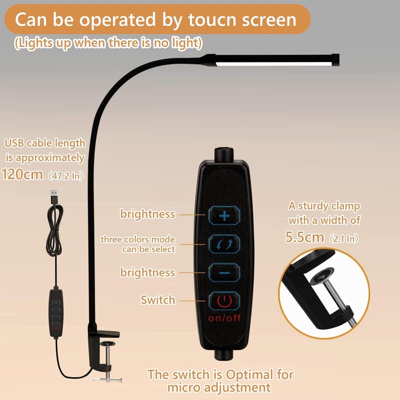 LOOPITYS Led Desk Lamp With Clamp, Eye-Caring Clip On Lights For Home Office, 3 Modes 10 Brightness, Long Flexible Gooseneck, Metal, Swing Arm Architect Task Table Lamps (Black L) - Image 4
