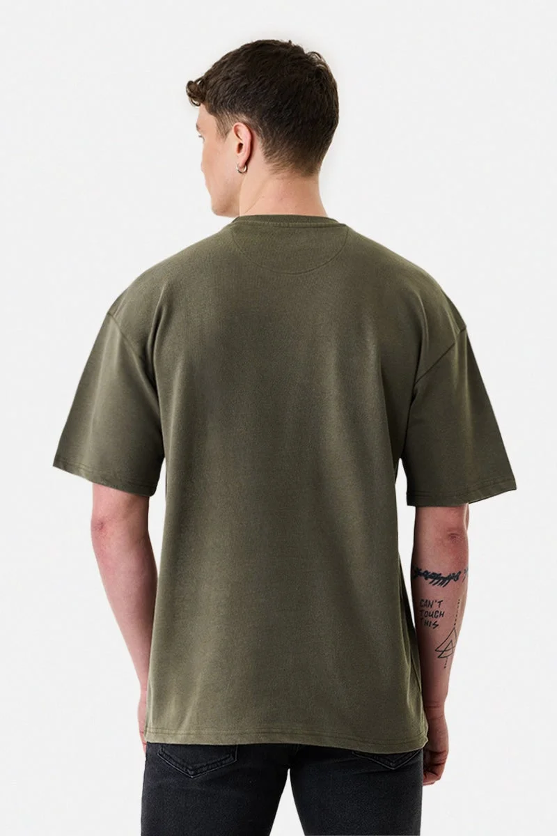 Snitch Olive Olive Textured Half Sleeve Oversized Streetwear T-Shirt for Men | Best Price UAE