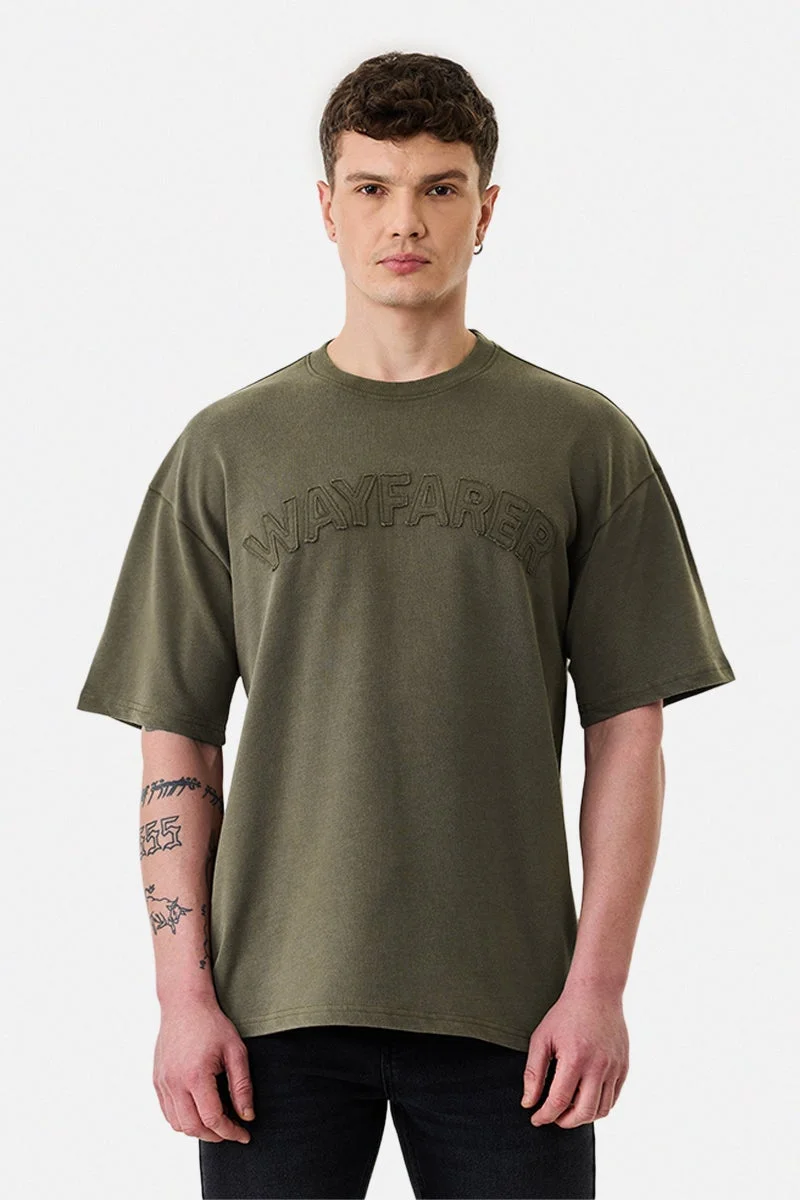 Snitch Olive Olive Textured Half Sleeve Oversized Streetwear T-Shirt for Men | Best Price UAE