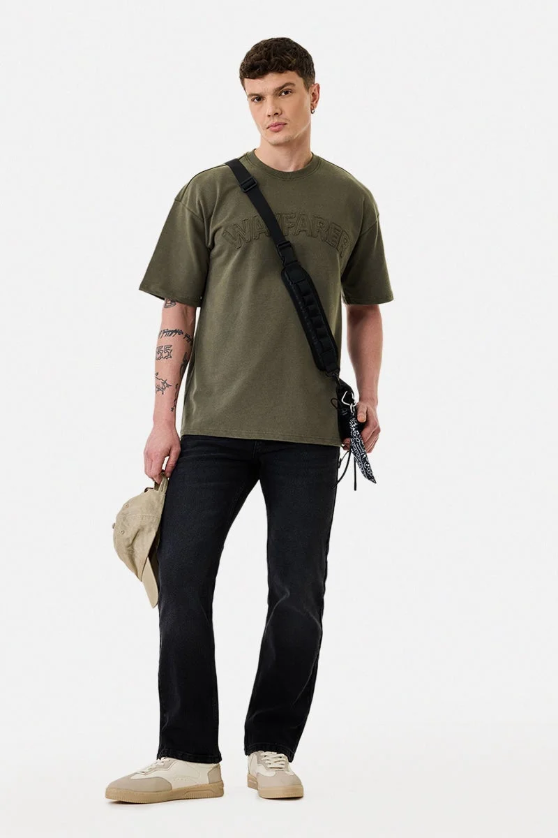 SNITCH Olive Textured Half Sleeve Oversized Streetwear T-Shirt